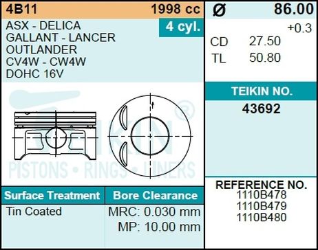 фото Teikin 43692STD Поршень двигателя без колец Teikin 43692STD Поршень двигателя без колец