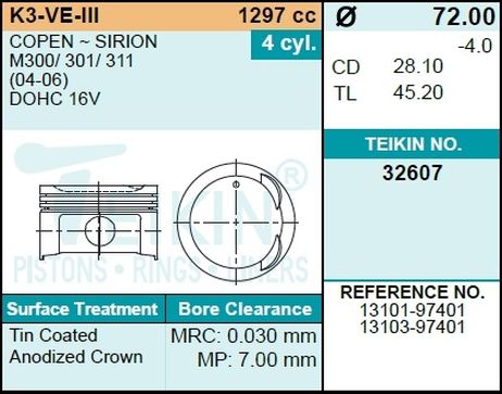 фото Teikin 32607STD Комплект поршней k3-ve-iii(4шт.без колец) Teikin 32607STD Комплект поршней k3-ve-iii(4шт.без колец)