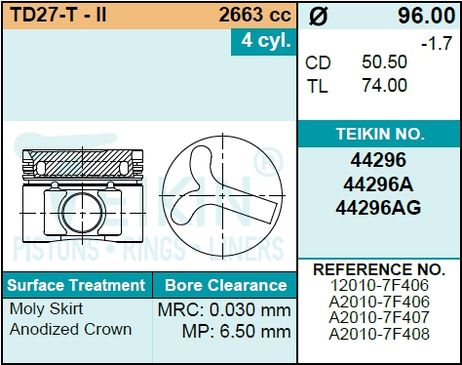фото Teikin 44296STD Комплект поршней td27-t-ii(4шт.без колец) Teikin 44296STD Комплект поршней td27-t-ii(4шт.без колец)