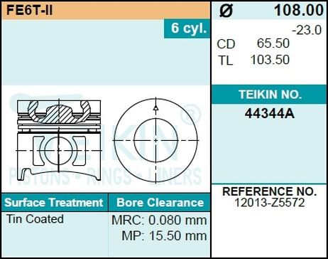 фото Teikin 44344ASTD Комплект поршней fe6t-ii(6шт.без колец) Teikin 44344ASTD Комплект поршней fe6t-ii(6шт.без колец)