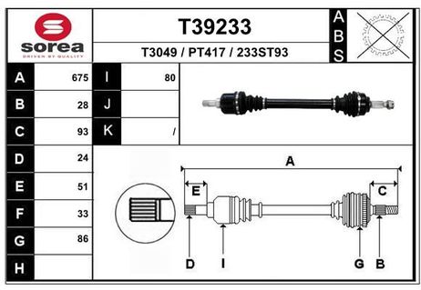 EAI T39233 Полуось PSA 508  1.6VTi 16V ep6c , 1.6HDi dv6c робот левая