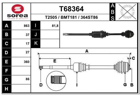 EAI T68364 Полуось передняя BMW 5-сер. (f10, f11, f18), 6-сер. (f12, f13) X-Drive правая | перед прав |