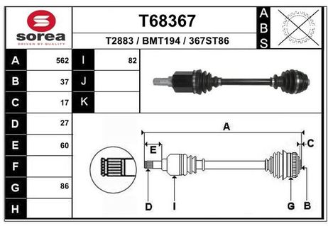 EAI T68367 Полуось передняя BMW 5-сер. (f10, f11, f18), 6-сер. (f12, f13) X-Drive левая | перед лев |