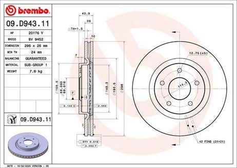 Brembo 09.D943.11 Диск тормозной UV Coated | перед |