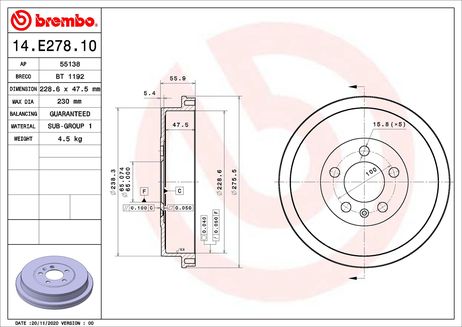 Brembo 14.E278.10 Барабан тормозной
