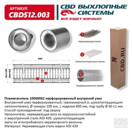 фото CBD CBD512003 Пламегаситель перфорированный внутренний узел нерж.сталь 100 х 600 х 62 CBD CBD512003 Пламегаситель перфорированный внутренний узел нерж.сталь 100 х 600 х 62