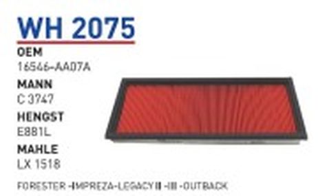 фото Wunder WH2075 Фильтр воздушный subaru Impreza filter Wunder WH2075 Фильтр воздушный subaru Impreza filter
