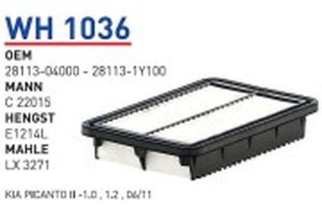 фото Wunder WH1036 Фильтр воздушный KIA Picanto II 11-> mot.1,0/1,2L filter Wunder WH1036 Фильтр воздушный KIA Picanto II 11-> mot.1,0/1,2L filter