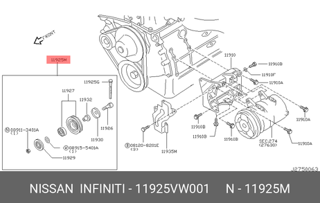 фото Nissan 11925-VW001 Ролик кондиционера натяжной Nissan 11925-VW001 Ролик кондиционера натяжной