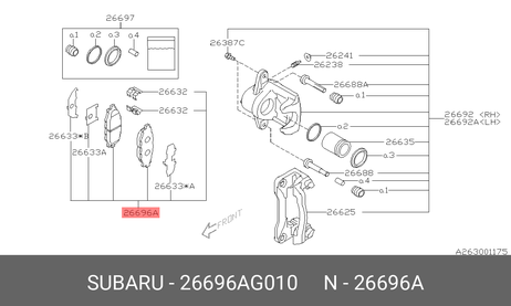 фото Subaru 26696-AG010 Колодки тормозные дисковые | зад прав/лев | Subaru 26696-AG010 Колодки тормозные дисковые | зад прав/лев |