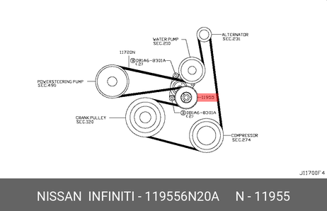 фото Nissan 119556N20A Ролик натяжной приводного ремня Nissan 119556N20A Ролик натяжной приводного ремня