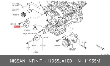 фото Nissan 11955-JA10D Ролик натяжной навесного оборудования Nissan 11955-JA10D Ролик натяжной навесного оборудования