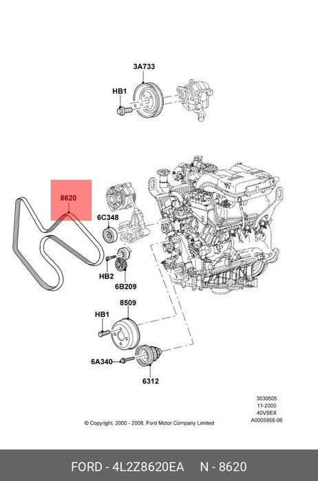 фото Ford 4L2Z8620EA Ремень ручейковый Ford 4L2Z8620EA Ремень ручейковый